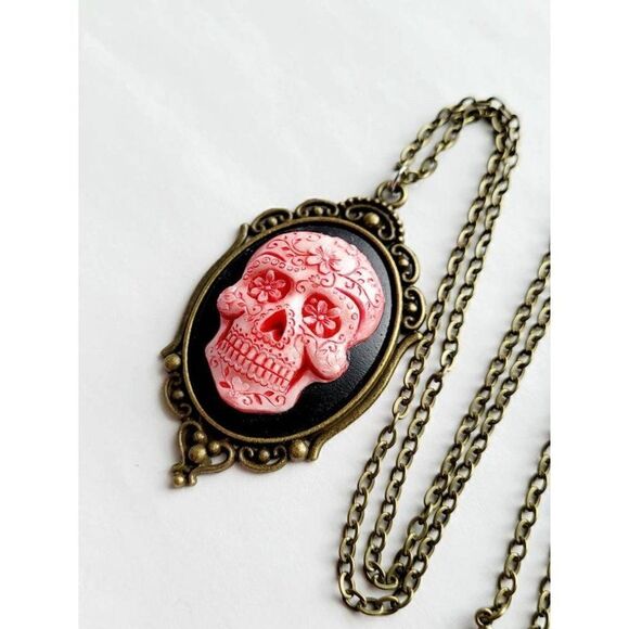 Bronze Red Metallic Sugar Skull Day of the Dead Gothic Rockabilly Cameo Necklace - Picture 4 of 4